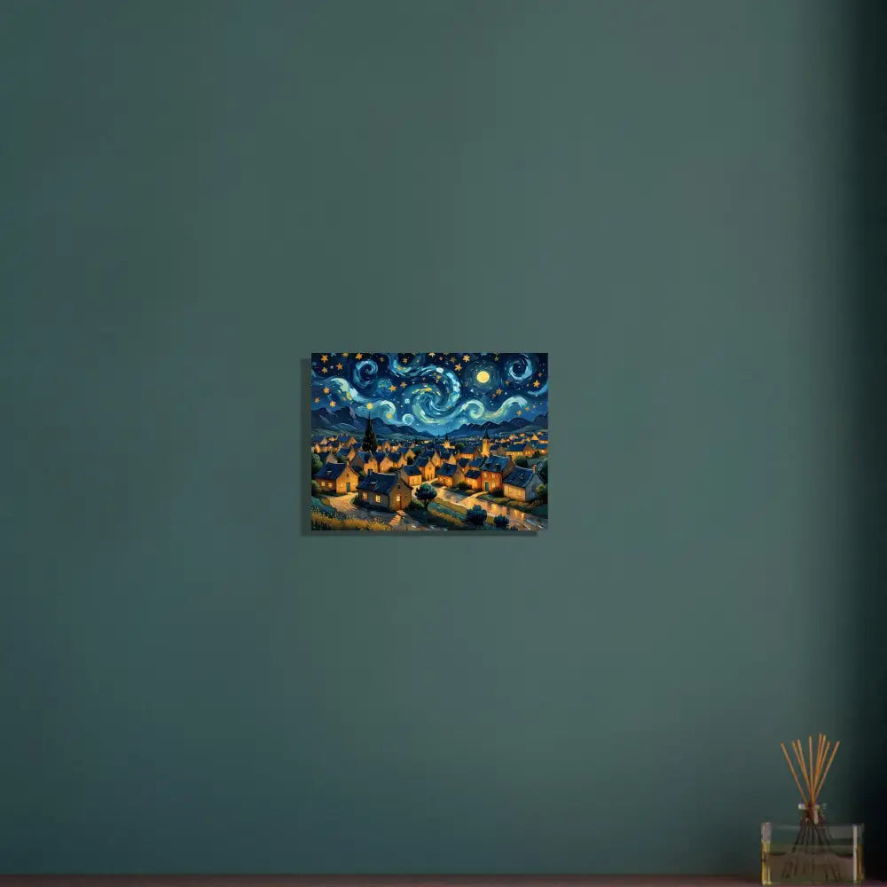 Aluminum print of a Starry Night style painting featuring a swirly sky over a village