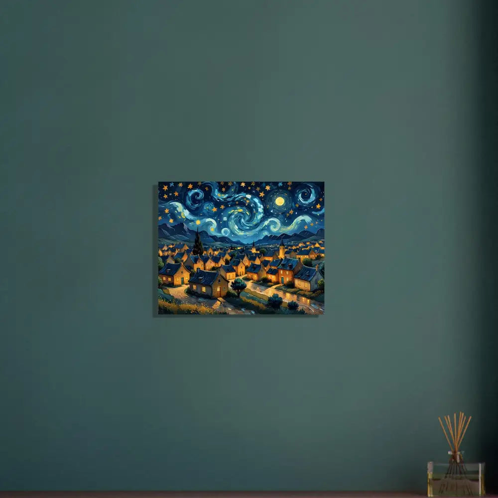 Starry Night style painting on Aluminum Print Swirly Sky Village by PixiOnyx Celestial Metal