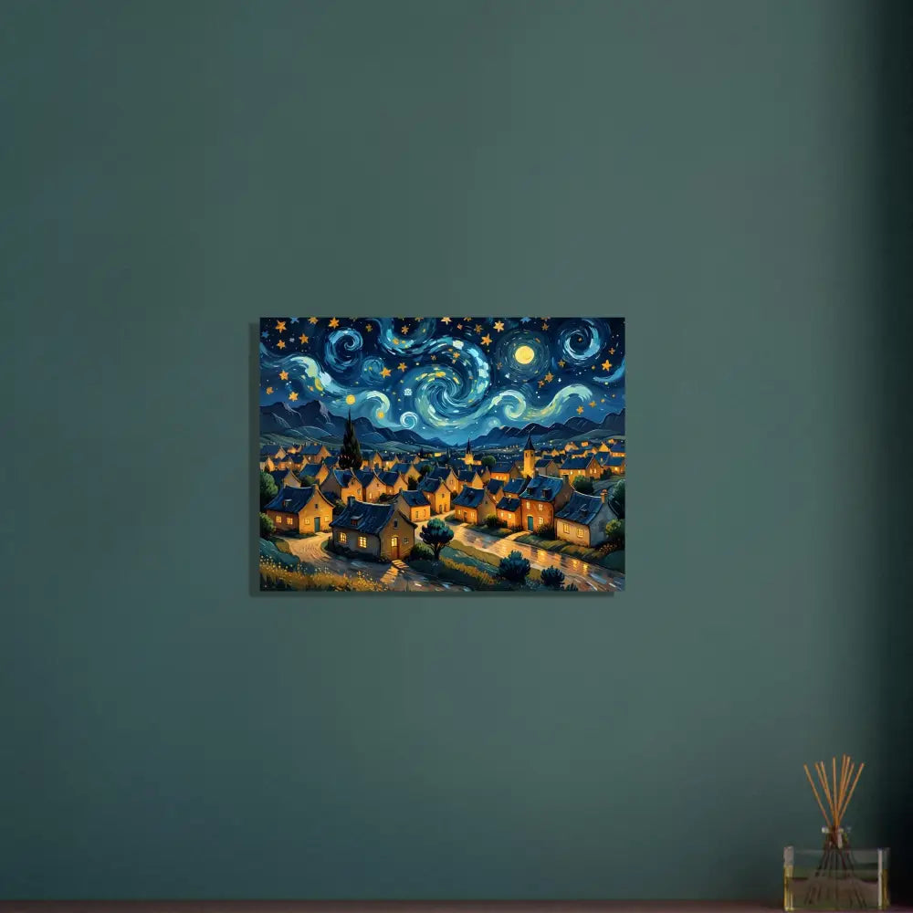 Starry Night style village painting on Aluminum Print Swirly Sky Village PixiOnyx