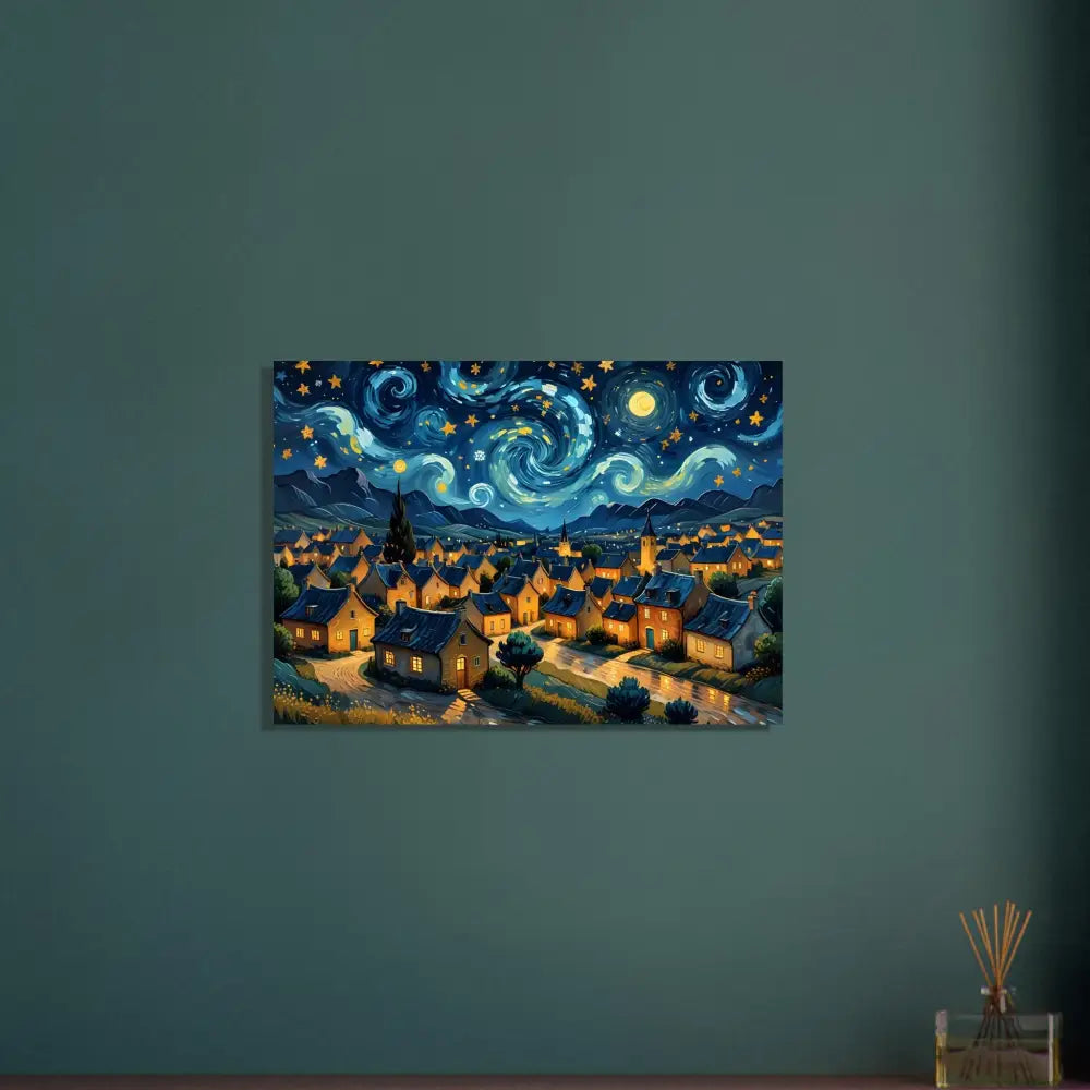 Starry night village painting on aluminum print in Swirly Sky Village design by PixiOnyx