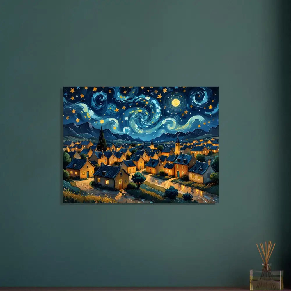 Starry Night inspired village scene on Aluminum Print Swirly Sky Village by PixiOnyx