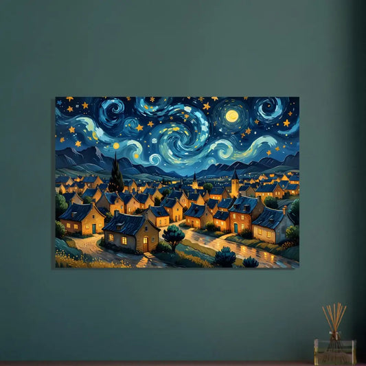 Starry night village painting on Aluminum Print Swirly Sky Village by PixiOnyx Celestial Metal