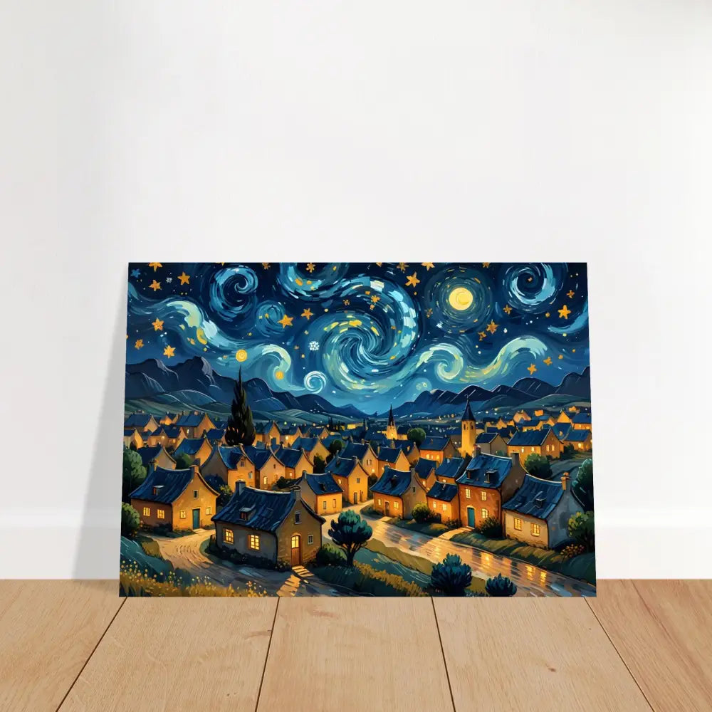 Starry night village painting on aluminum print titled Swirly Sky Village by PixiOnyx Celestial Metal