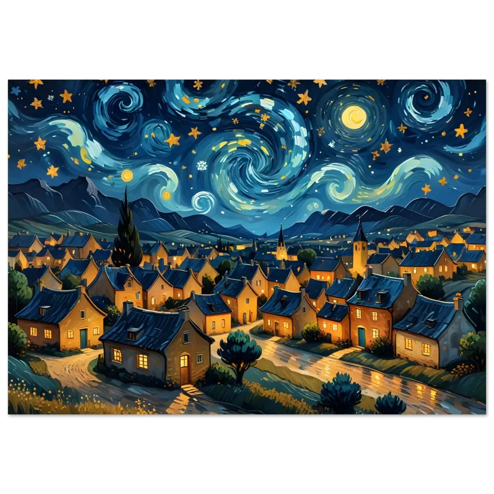 Starry night village scene on Swirly Sky Village Aluminum Print by PixiOnyx Celestial Metal