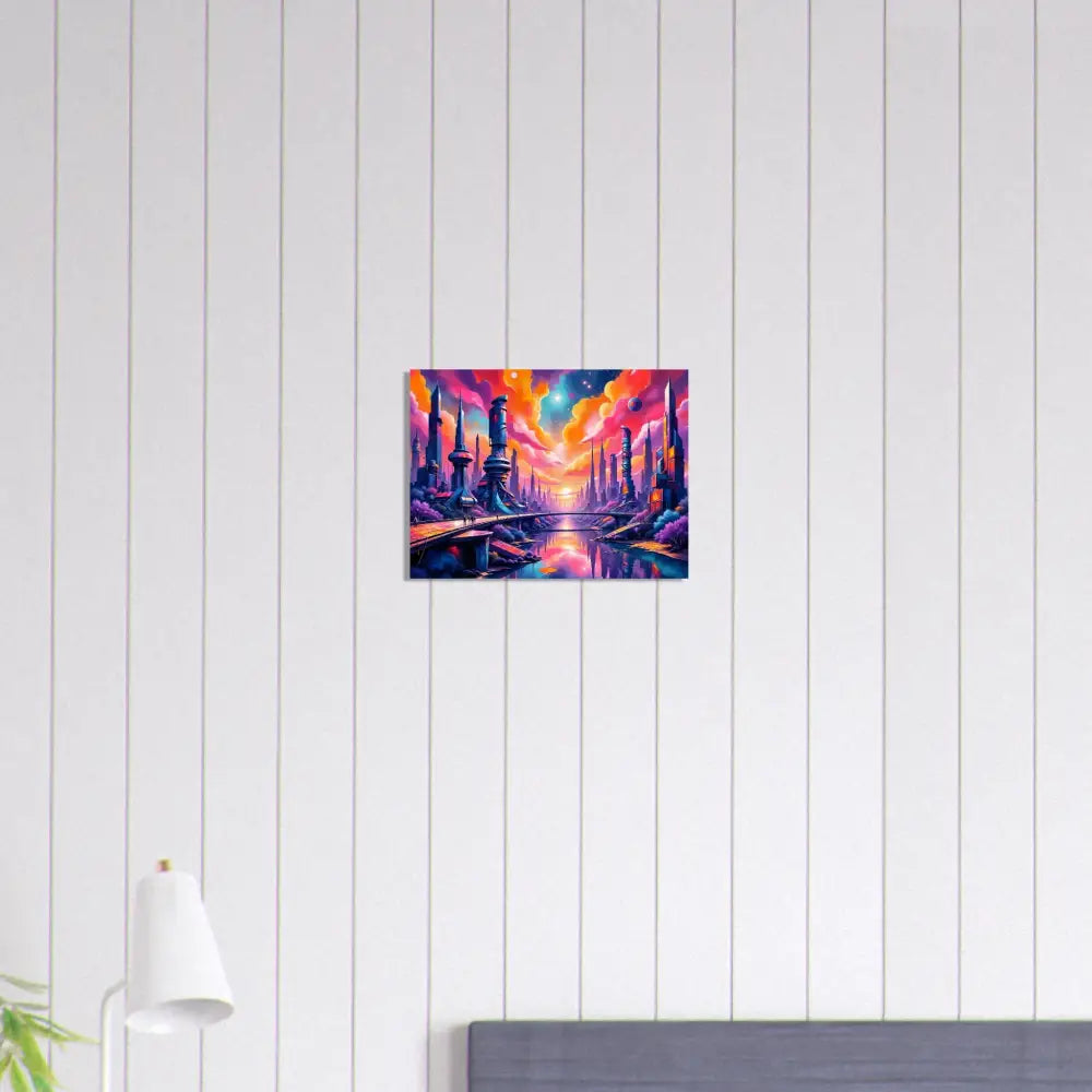 Aluminum print of vibrant fantasy cityscape with colorful sky and water reflection