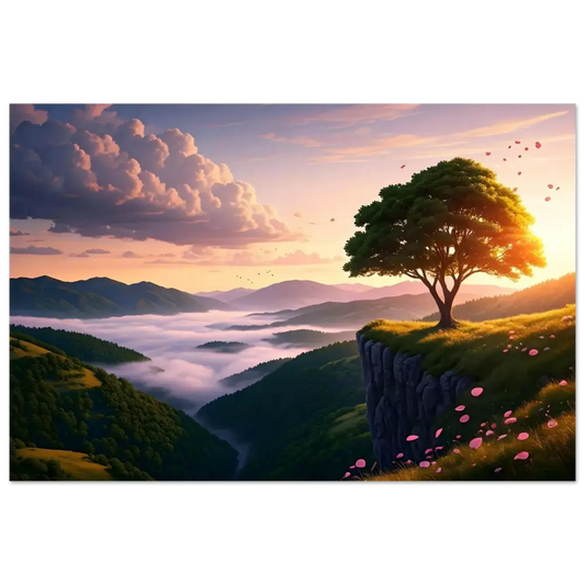 Scenic mountain landscape with a solitary tree on PixiOnyx Radiant Metal Panel