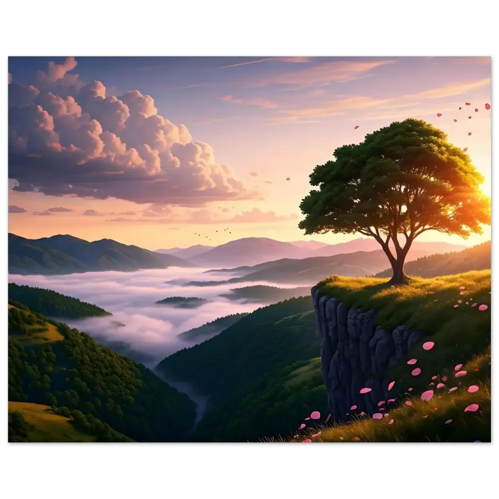 Serene cliffside tree depicted on Aluminum Print The Edge of Dawn PixiOnyx Radiant Metal Panel