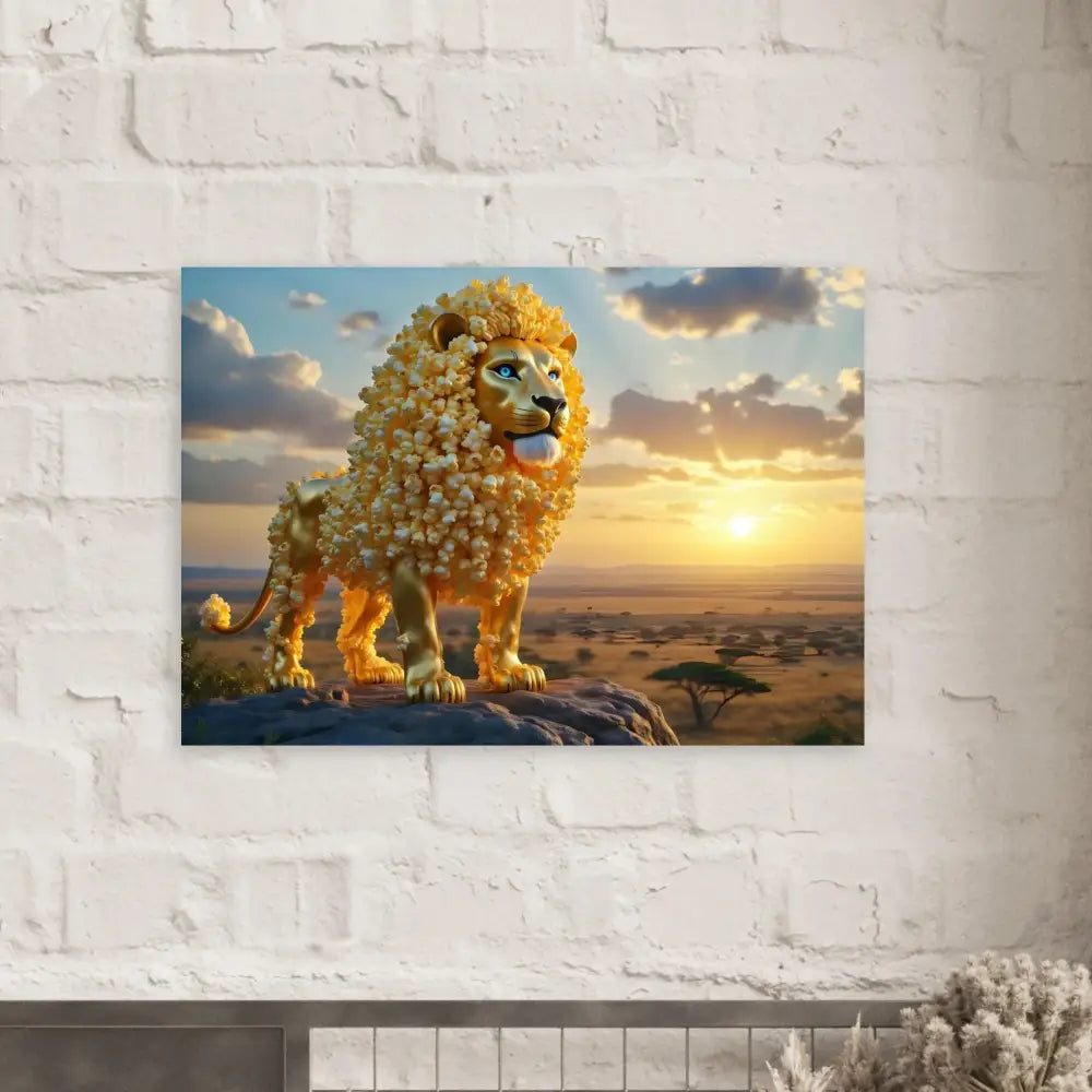 Golden lion artwork displayed on Aluminum Print The Golden Kernel King by PixiOnyx