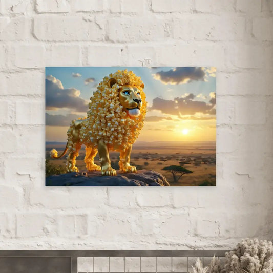 Golden lion artwork displayed on Aluminum Print The Golden Kernel King by PixiOnyx