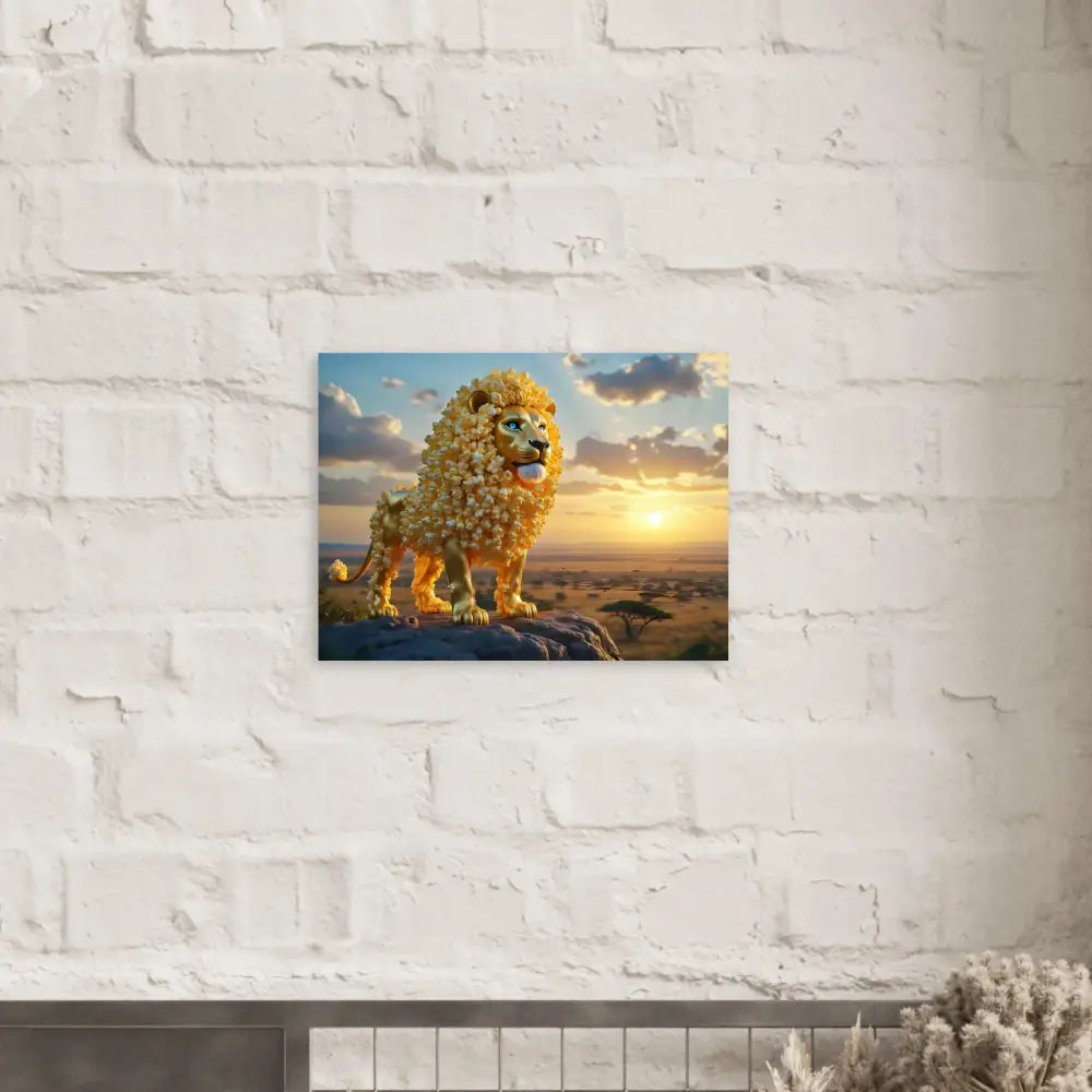 Lion-shaped popcorn sculpture displayed with Aluminum Print The Golden Kernel King PixiOnyx