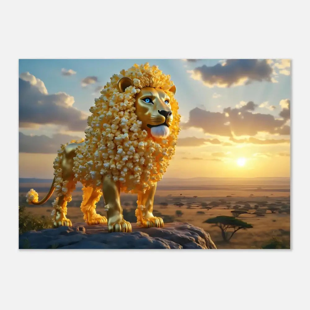 Golden lion with popcorn mane on Aluminum Print The Golden Kernel King PixiOnyx