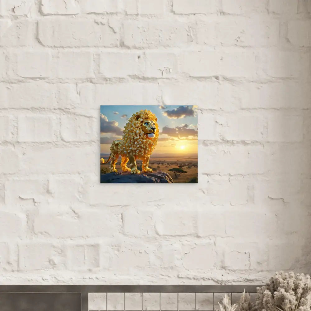 Lion-shaped popcorn sculpture displayed on Aluminum Print The Golden Kernel King from PixiOnyx
