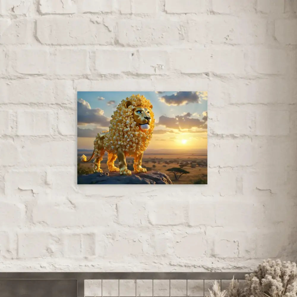 Lion-shaped popcorn sculpture displayed as Aluminum Print The Golden Kernel King PixiOnyx