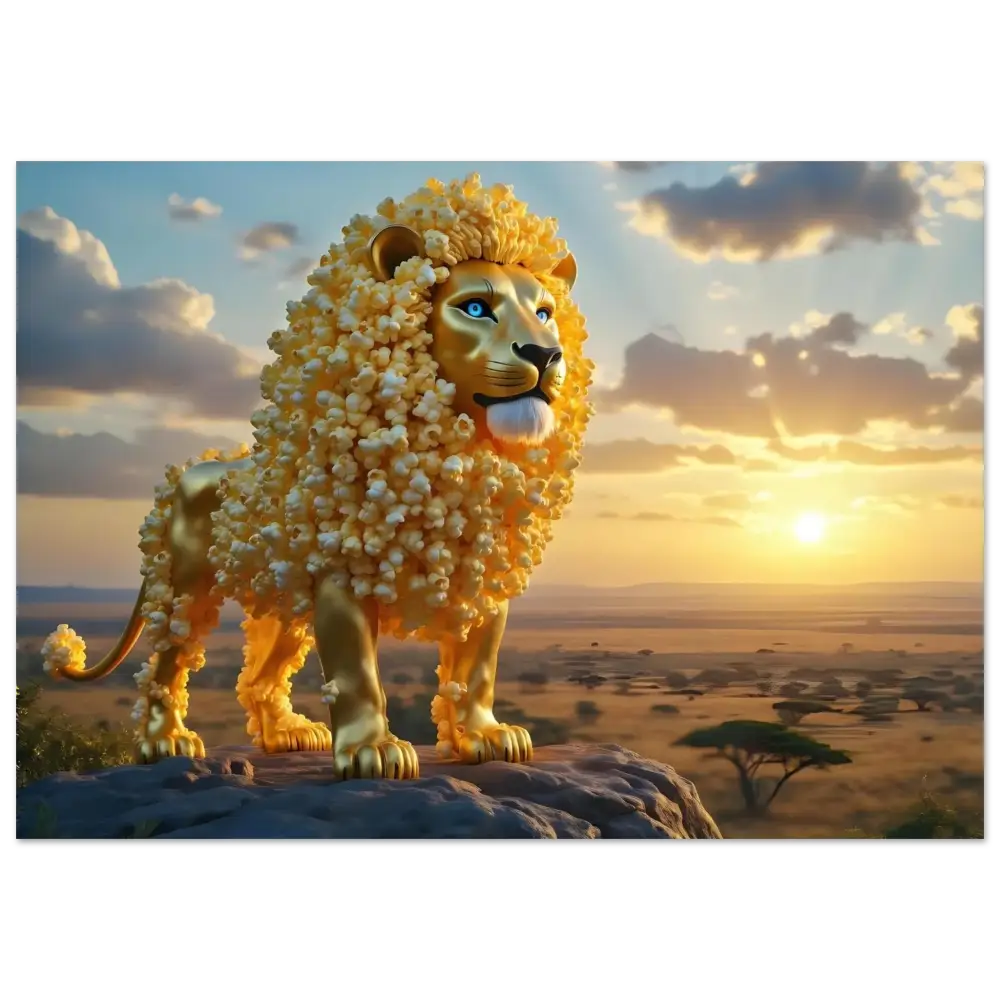 Golden lion with popcorn mane aluminum print titled The Golden Kernel King by PixiOnyx
