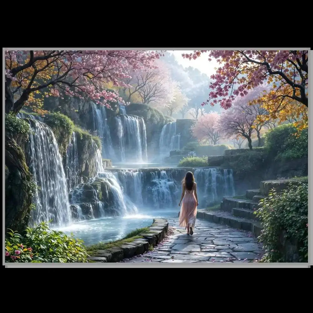 Woman in flowing dress walking along stone path by waterfalls on glossy metal meets dreamlike serenity Aluminum Print