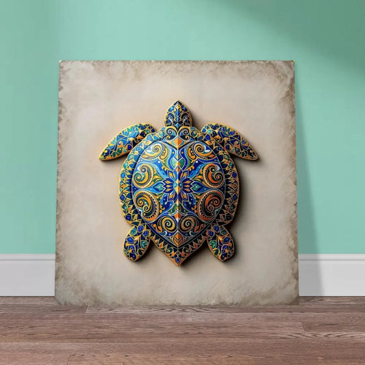 Ornate turtle wall art aluminum print featuring intricate shell pattern design