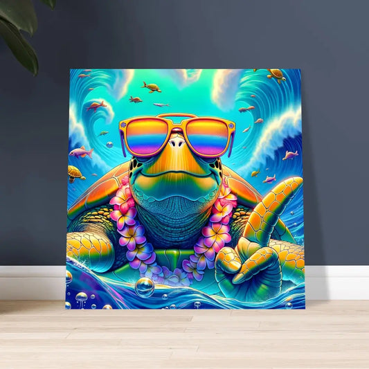 Colorful turtle art print on aluminum titled Turtle-y Misunderstood Bro by PixiOnyx