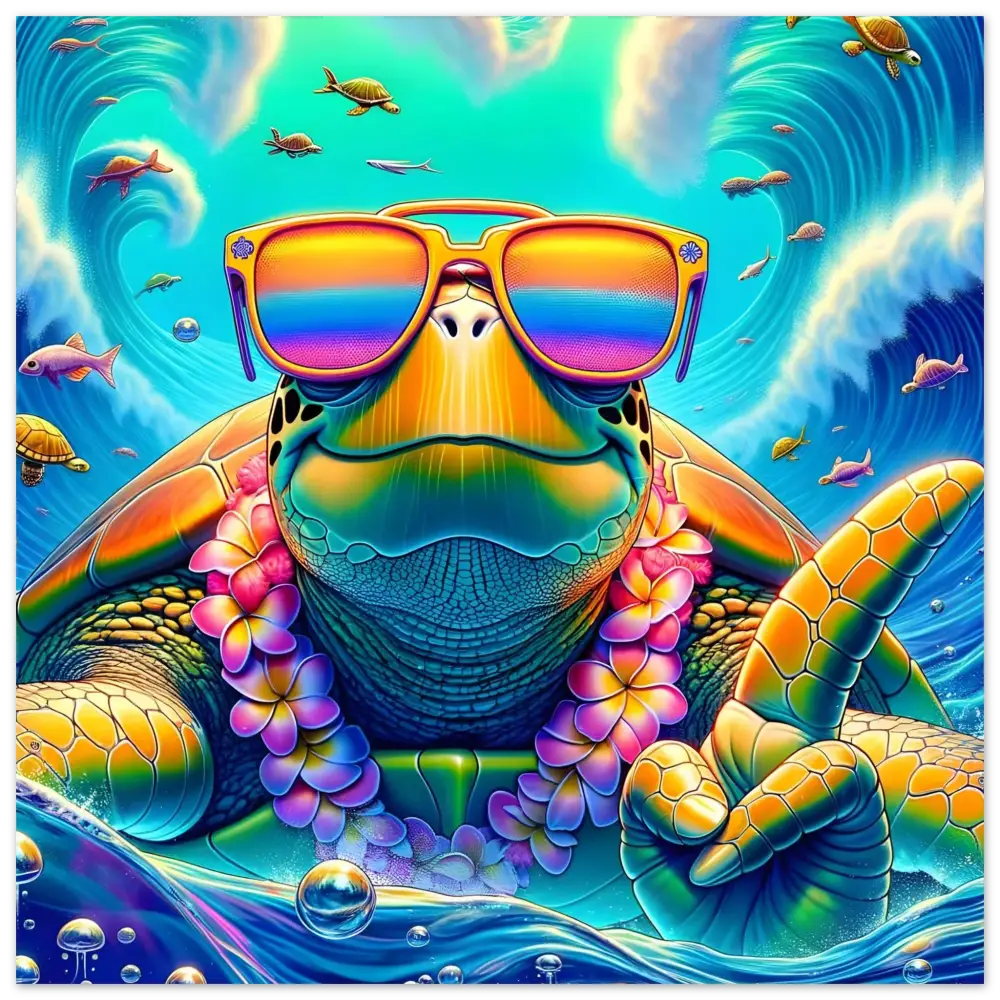 Colorful turtle wearing sunglasses and a lei on PixiOnyx Glosscore Metal Art