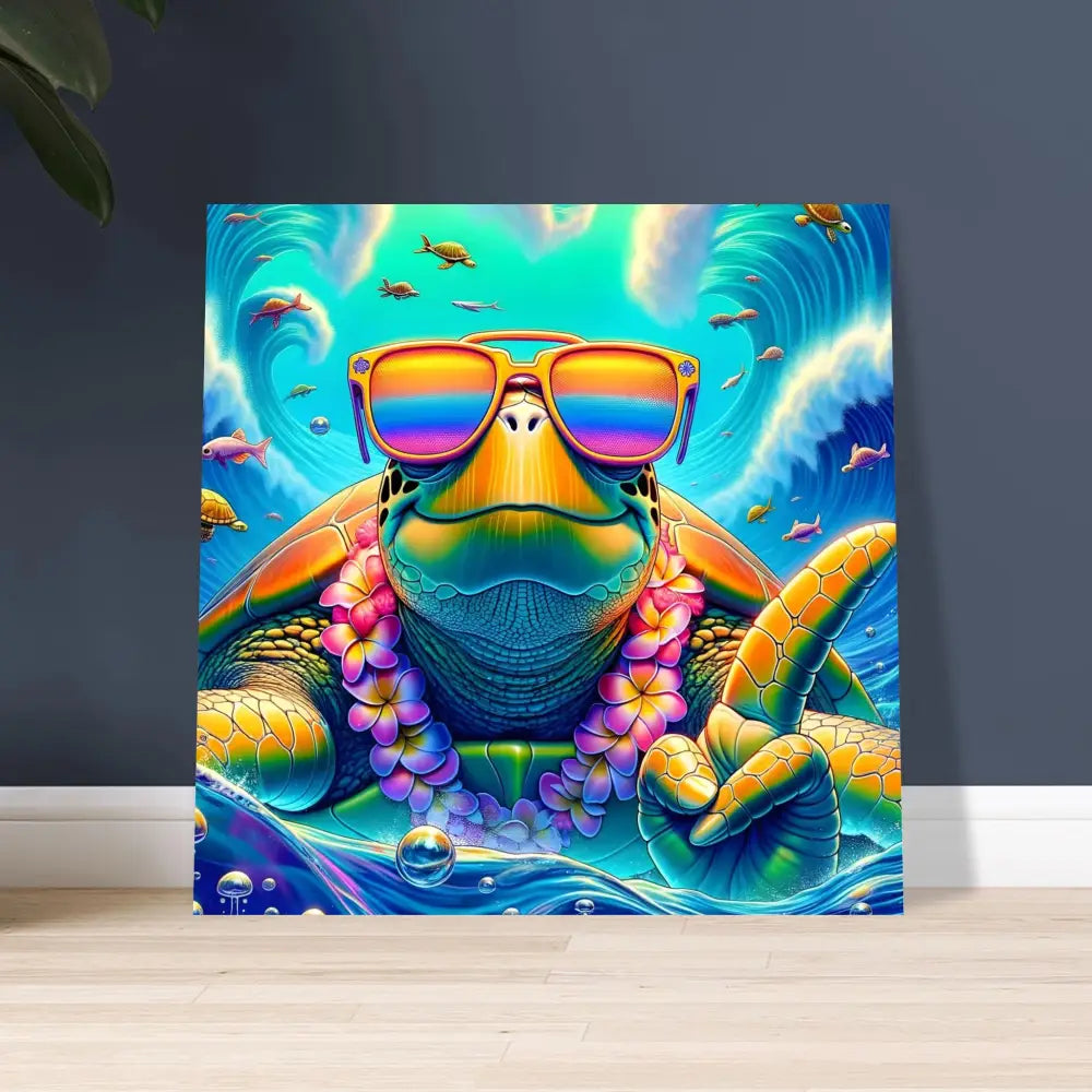 Colorful turtle art with sunglasses and lei on PixiOnyx Glosscore Metal Art aluminum print