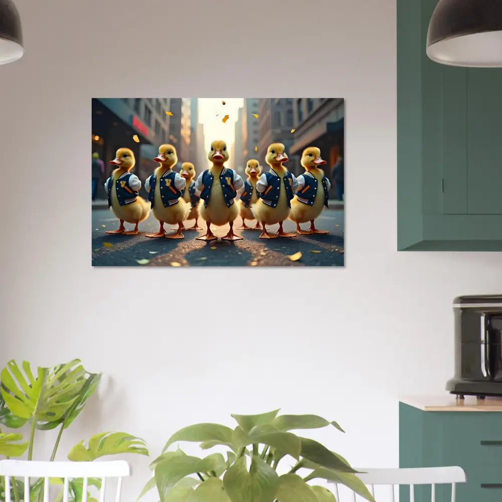 Framed duckling parade print from Varsity Duck Squad Aluminum Print by PixiOnyx
