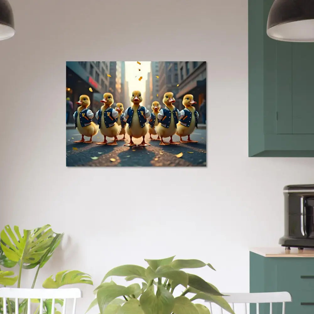 Framed Duckling Parade Print displayed on Aluminum Print Varsity Duck Squad PixiOnyx