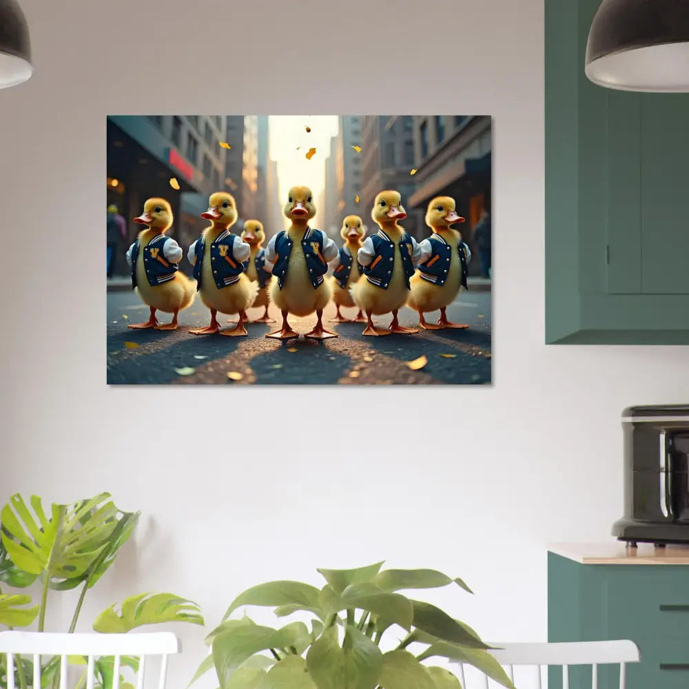 Ducklings in varsity jackets canvas art for Aluminum Print Varsity Duck Squad PixiOnyx