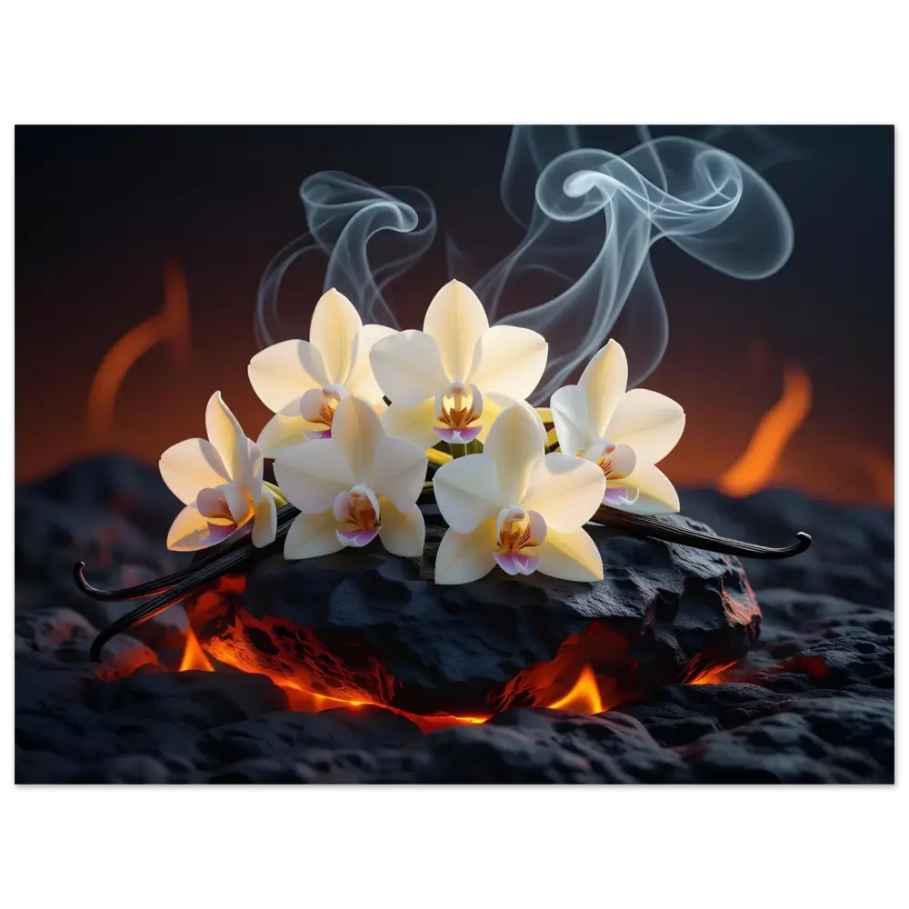 Orchids and vanilla beans with smoke on Aluminum Print Volcanic Vanilla PixiOnyx Firebloom
