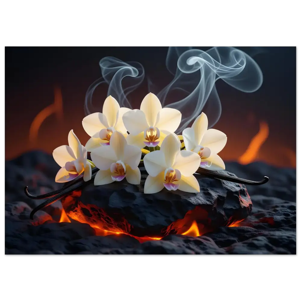 Vanilla orchids with smoke on Aluminum Print Volcanic Vanilla PixiOnyx Firebloom Metal Display