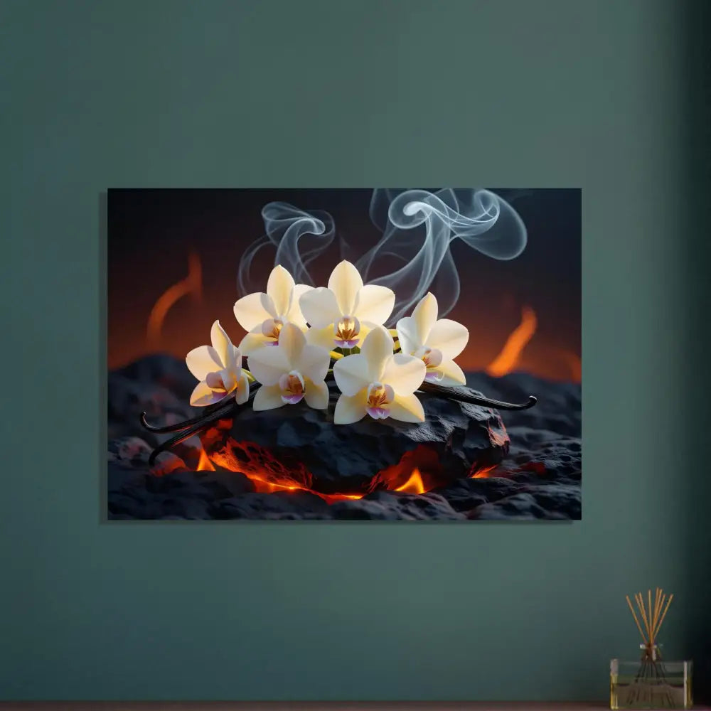 Floral still life with vanilla displayed on Aluminum Print Volcanic Vanilla by PixiOnyx Firebloom