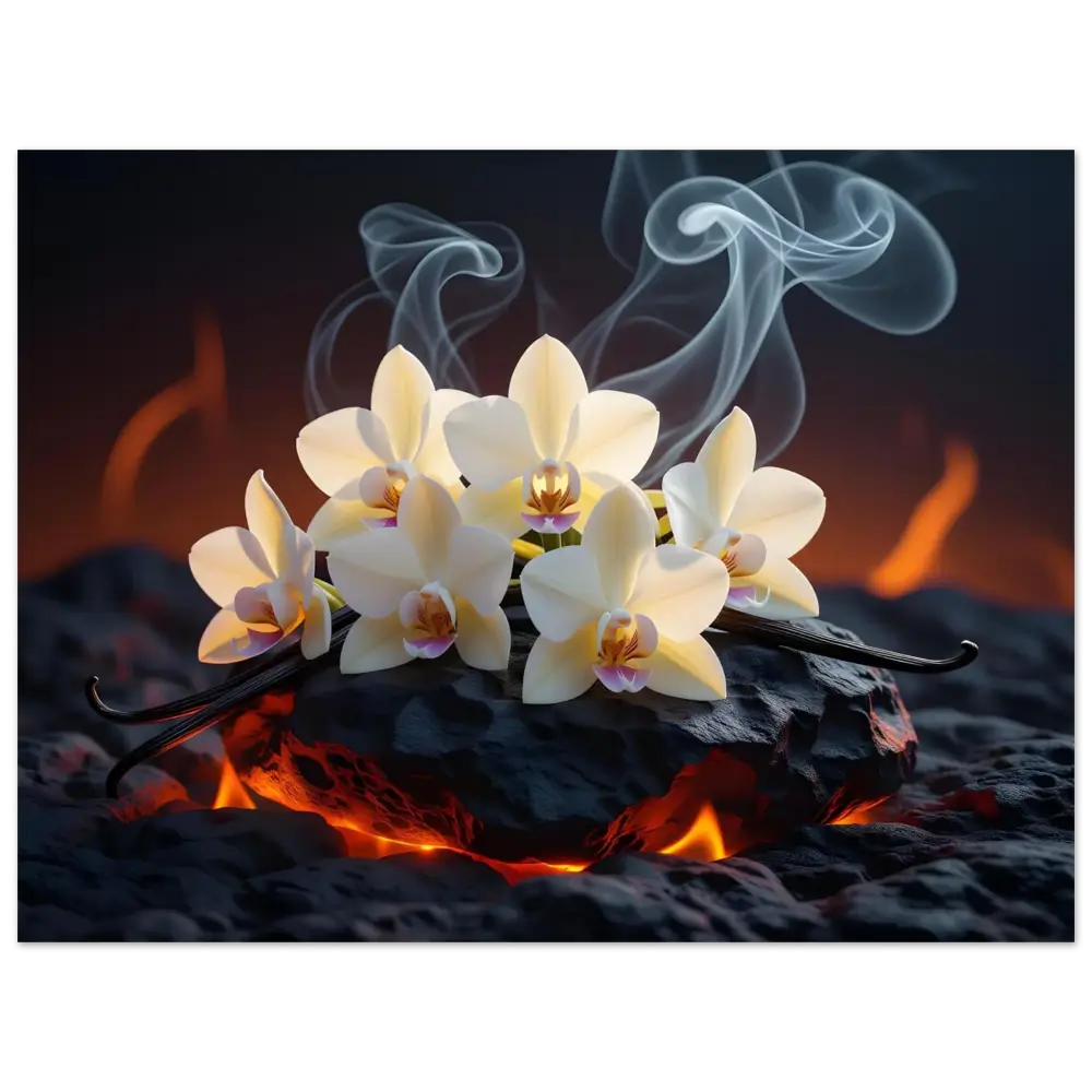 Vanilla orchids with swirling smoke on Aluminum Print Volcanic Vanilla by PixiOnyx Firebloom