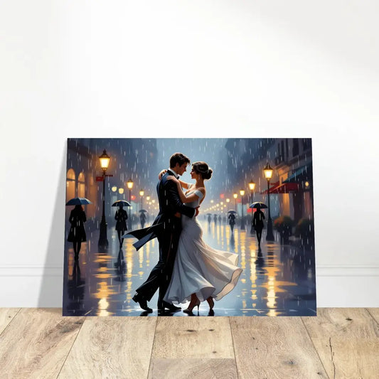 Romantic couple dancing in the rain on aluminum print Waltz in the Rain PixiOnyx