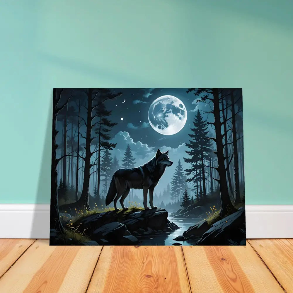 Aluminum print of Wolf and Moon forest artwork in PixiOnyx Lunar Dreamscape series