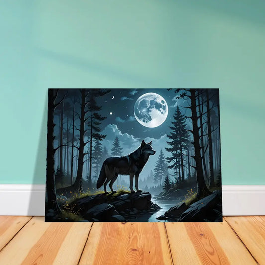 Aluminum print of a wolf howling at the moon in a lunar dreamscape scene