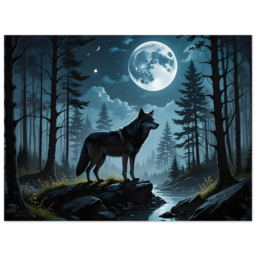Aluminum print of a wolf beneath a full moon titled Wolf Moon Reverie by PixiOnyx