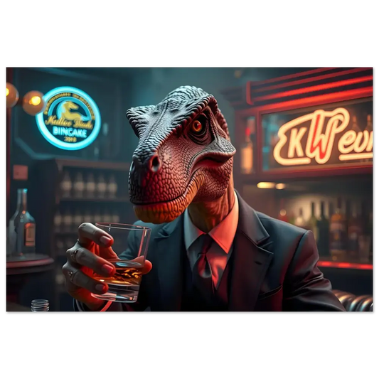 Dinosaur in a suit holding a drink displayed on Aluminum Wall Art Whiskey Raptor After Hours