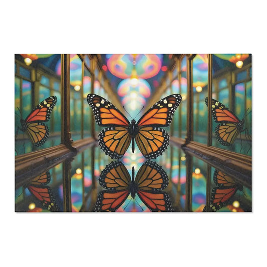 Mirrored butterfly canvas art on floor rug, vibrant colorful kaleidoscope design