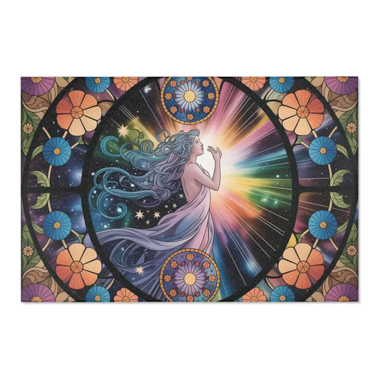 Colorful celestial woman art on cosmic floor accent rug in vibrant celestial bloom design