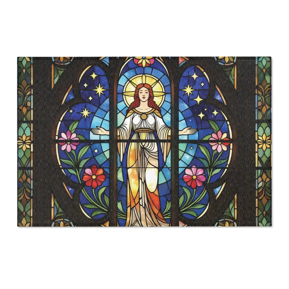 Stained glass window with woman with outstretched arms on Divine Radiance PixiOnyx rug