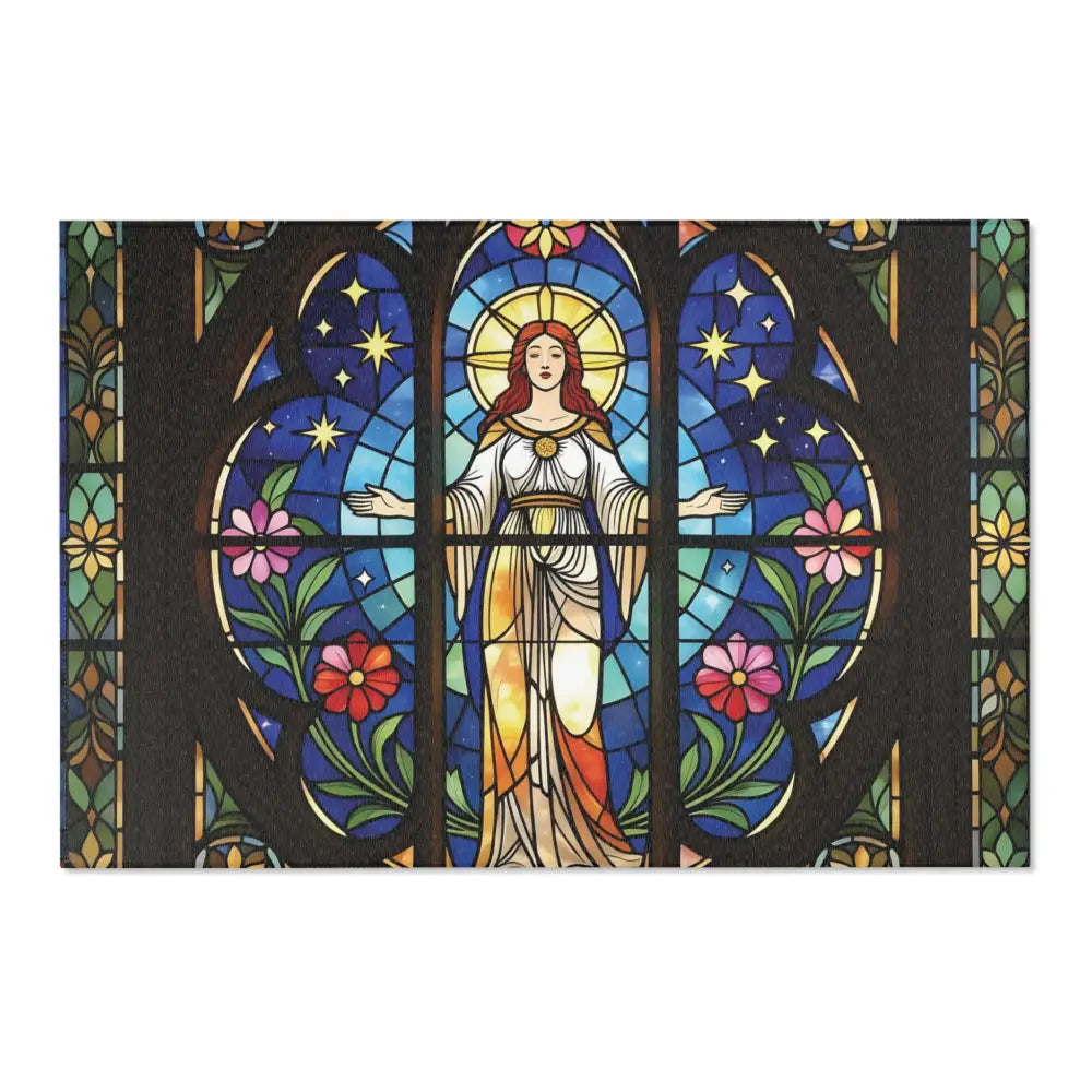 Stained glass window showing a woman with outstretched arms, featured in Divine Radiance rug