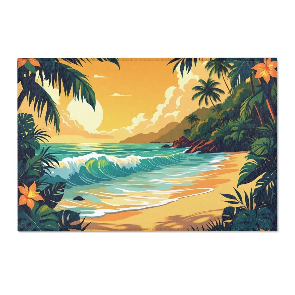 Tropical beach scene area rug featuring sandy shores palm trees and turquoise water