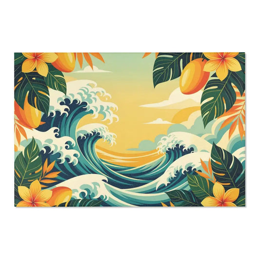 Tropical ocean scene with stylized waves and foliage on Area Rug Tropical Wave PixiOnyx