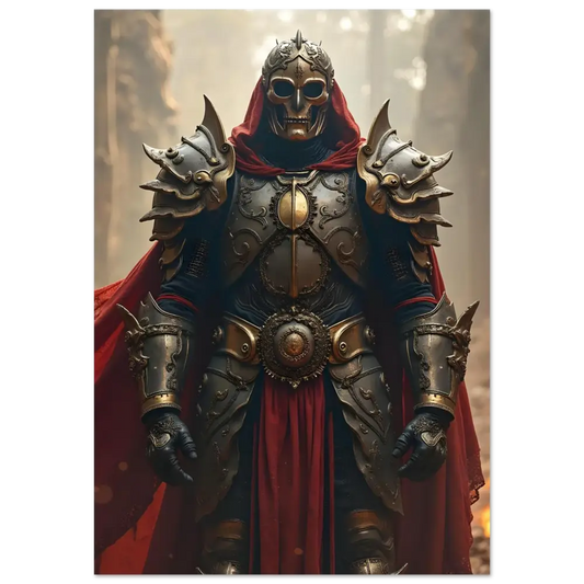 Ornate skull-masked knight armor displayed on Armoured Warrior Metal Print Steel Oath PixiOnyx