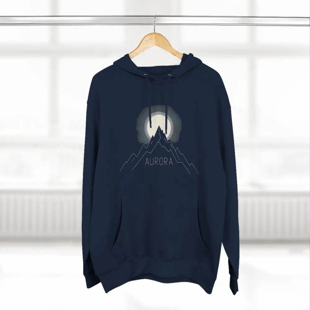 Dark blue Aurora Mountain Fleece Hoodie with mountain and moon graphic, machine washable at max 30c