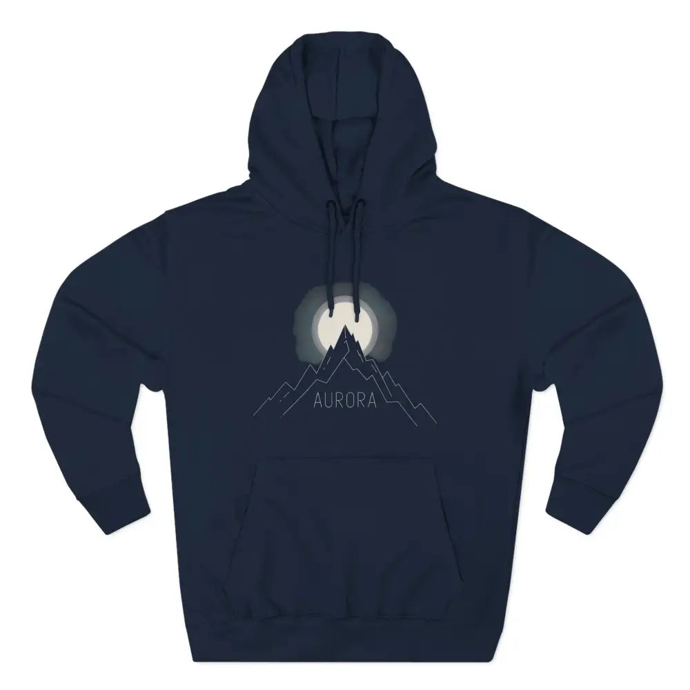 Navy blue Aurora Mountain Fleece hoodie with mountain and moon graphic, machine wash max 30c