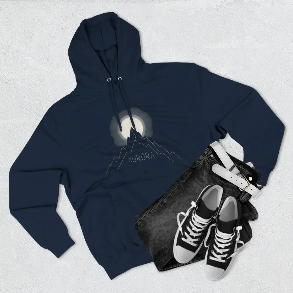 Navy blue Aurora Mountain fleece hoodie with moon and mountain graphic, machine wash max 30c