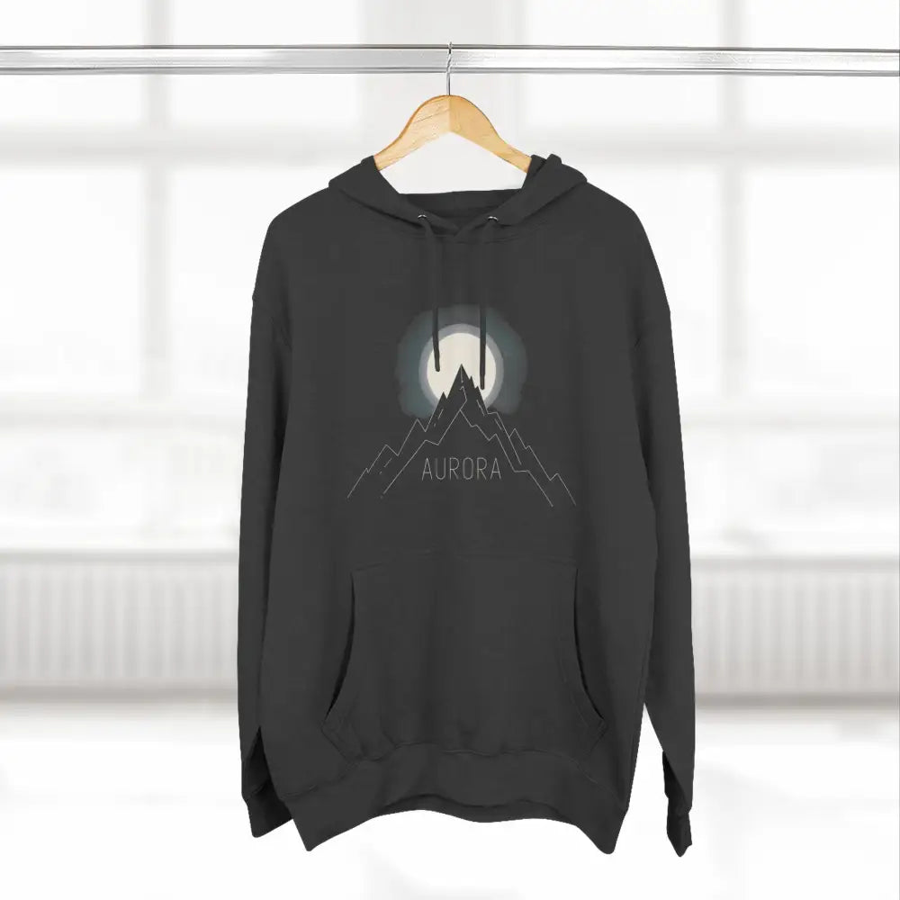 Dark gray Aurora Mountain Fleece Hoodie with mountain and moon graphic, machine washable at max 30c