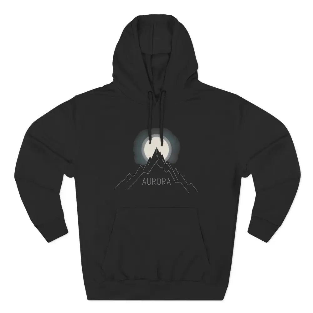 Black hoodie with mountain and moon graphic, machine washable, low heat, perfect for outdoor adventures