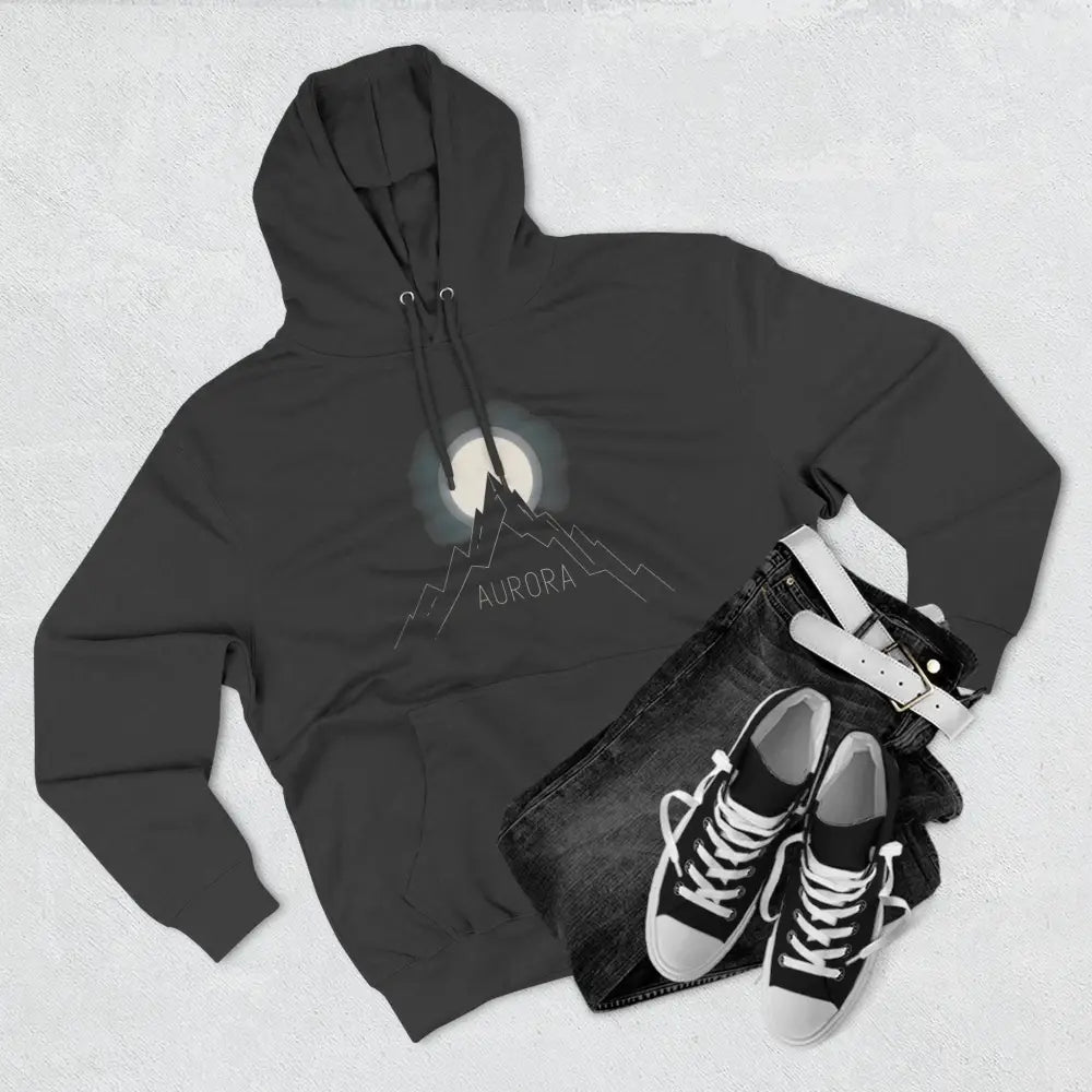 Dark gray hoodie with mountain and moon graphic, machine washable at max 30c, cozy outdoor wear