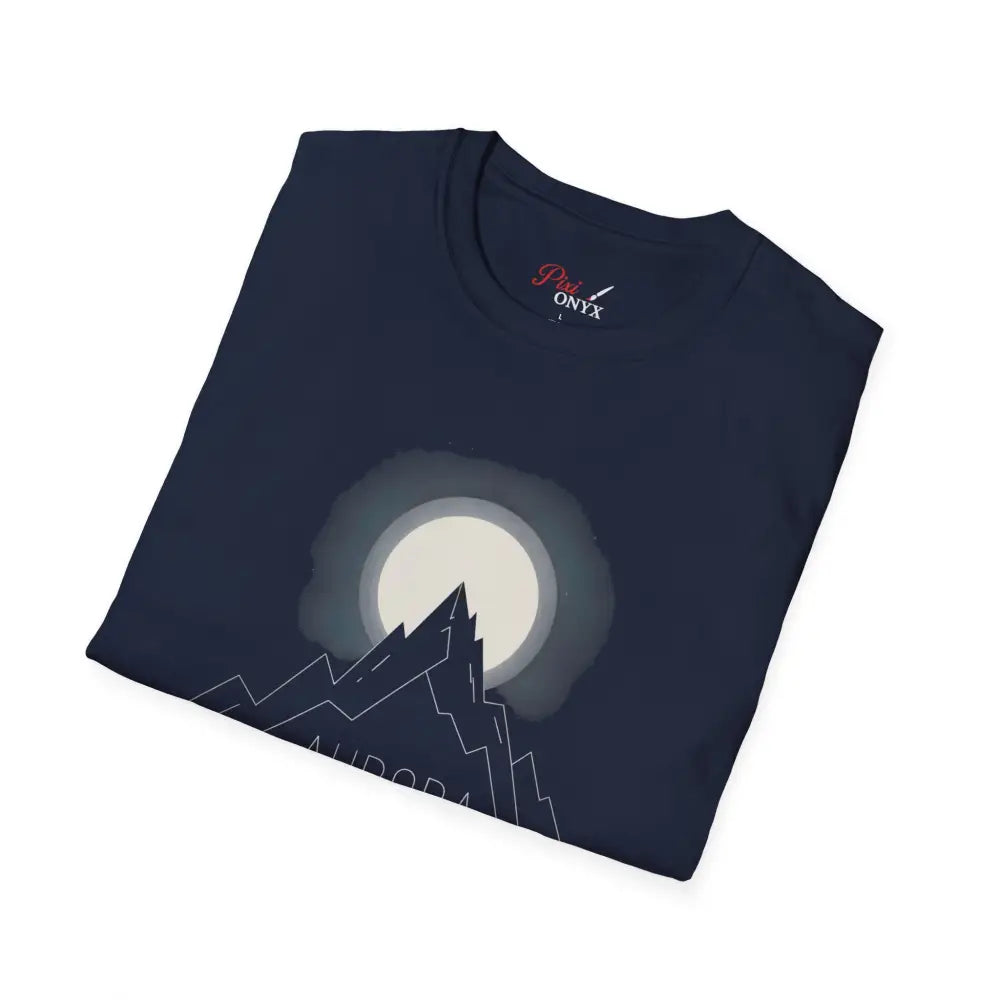 Dark blue Aurora Mountain Unisex T-Shirt with moon and mountain graphic, ribbed collar