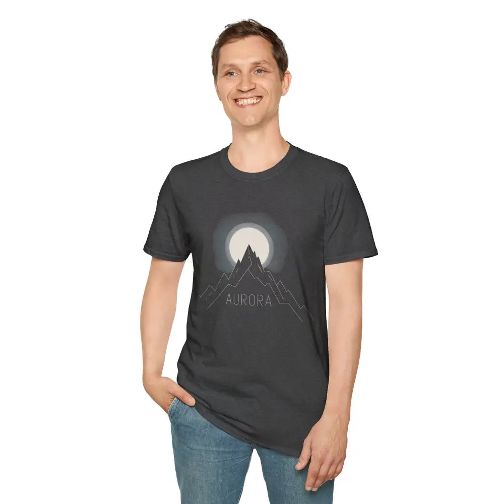 Men’s charcoal grey Aurora Mountain T-Shirt with mountain and moon graphic, ribbed knit collar